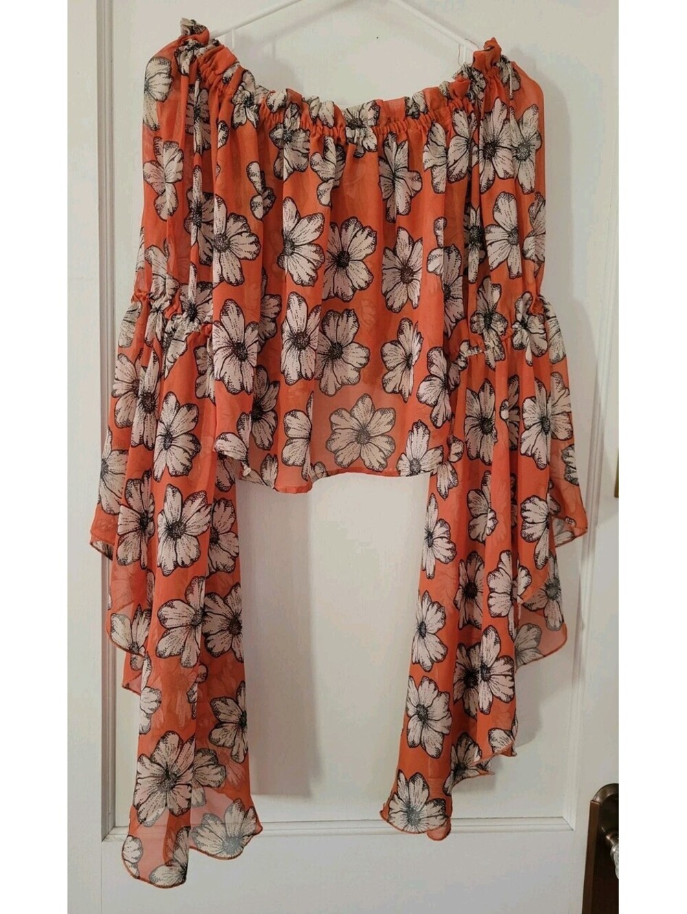 TRUTH nyc Orange Floral Smocked with Bell Sleeves Sheer Size Large Boho Whimsy